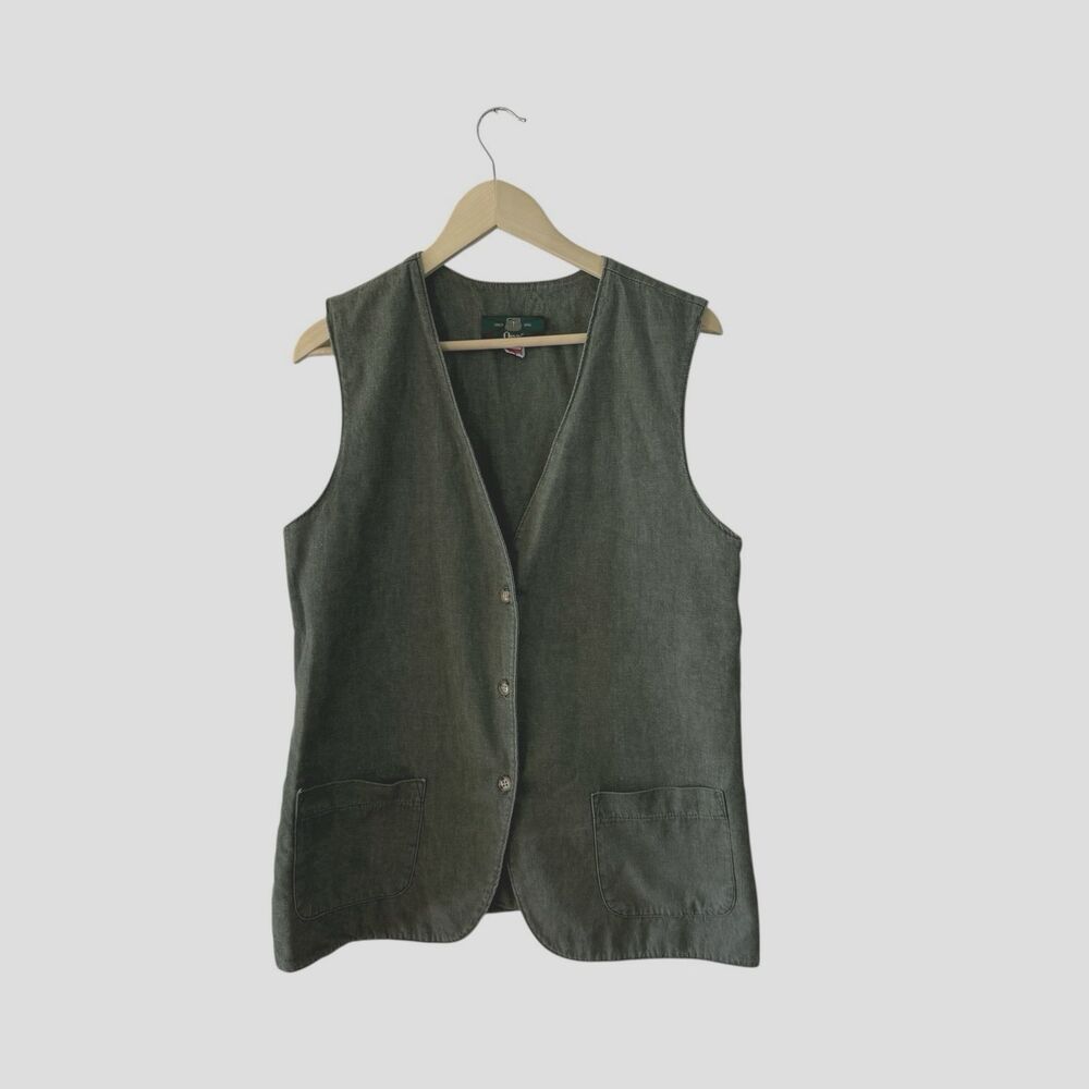 Vintage Orvis Medium Tunic Button Vest Jacket Green V-Neck USA Made Womens